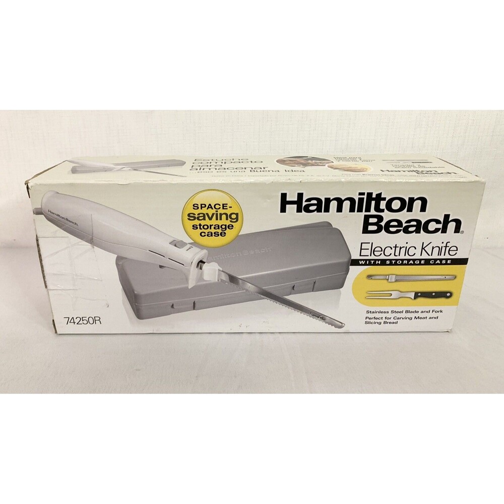 NEW Hamilton Beach Electric White Knife Gray Storage Case Stainless Steel Blade